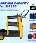 Heavy Duty Multi-Function Welder Trolley For Mig Tig Arc Plasma Cutter With Four Drawer Chest And Safety Chains Moves Effortlessly Across Workshop Floors No Sweat shown with welding equipment and accessories on shelves.
