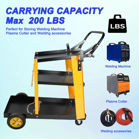 Heavy Duty Multi-Function Welder Trolley For Mig Tig Arc Plasma Cutter With Four Drawer Chest And Safety Chains Moves Effortlessly Across Workshop Floors No Sweat shown with welding equipment and accessories on shelves.