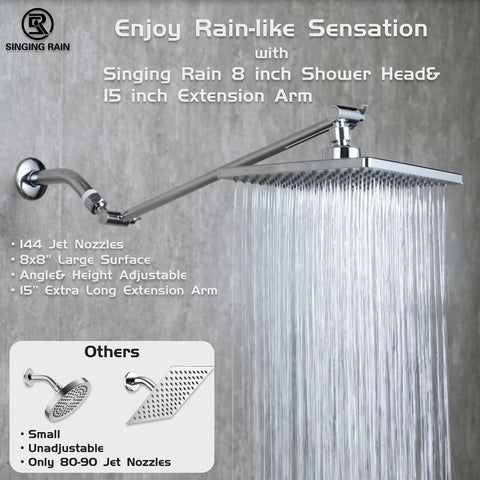 Boss Level High Pressure Rainfall Square Showerhead With 8 Inch Face And 15 Inch Extension Arm in chrome finish