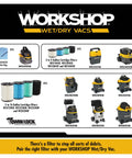 Workshop Wet Dry Vacs with filter bags and cartridge filters, including models WS01025F, WS0255VA, WS0340VA, and more on display.
