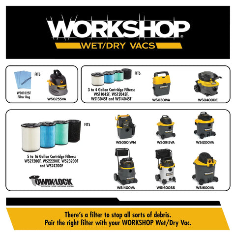 Workshop wet/dry vacuums and compatible filter bags and cartridges displayed by model, suitable for various debris stopping needs.