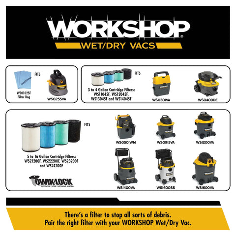 Workshop wet/dry vacuums and filter options, including WS0301VA and WS0400DE, with various sizes and fit specifications displayed.