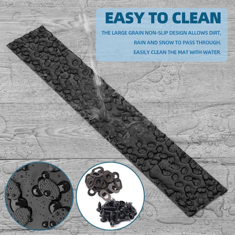 Non Slip Outdoor Stair Treads 4x24 Inch Diamond Textured Rubber Mats with water droplets and cleaning instructions