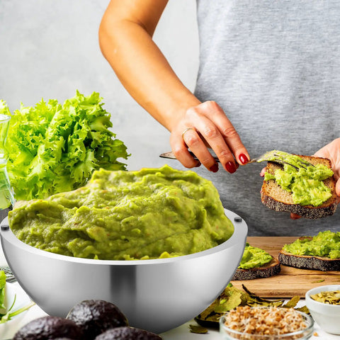 Party Ready Stainless Steel Double Wall Dip Chiller Bowl 70 Oz Water Cooled Serving Dish with guacamole and lettuce