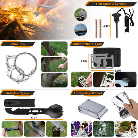 Survival kit components collage: wire saw, ferro rod scraper, multifunction card, black spoon, emergency blanket.