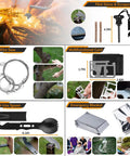 All In One 250 In 1 Survival Kit With First Aid And Trauma Gear, Tactical Tools, emergency tools collage with wire saw, multifunction card, and blanket.