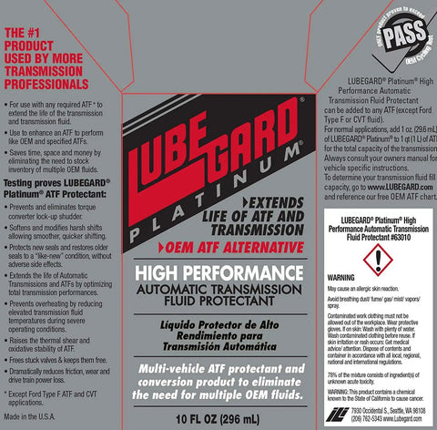 Image of Platinum Universal ATF Protectant For Automatic Transmissions label with details on usage for preventing overheating.