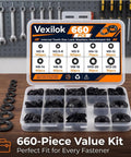 660 Piece Internal Tooth Star Lock Washer Set Nine Metric Sizes M2 Through M12 In 65Mn Steel Black Oxide For Unthreaded Shafts Perfect For DIYers Home Repairs And Pro Projects Like Lawn Mowers And Strollers, open case