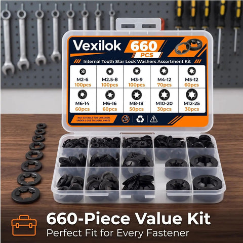 660 Piece Internal Tooth Star Lock Washer Set Nine Metric Sizes M2 Through M12 In 65Mn Steel Black Oxide For Unthreaded Shafts Perfect For DIYers Home Repairs And Pro Projects Like Lawn Mowers And Strollers, open case