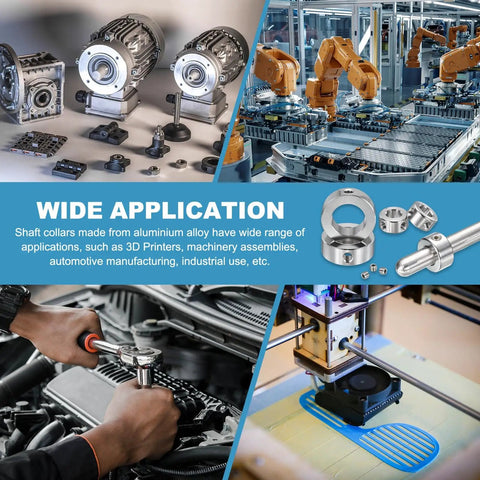 Collage of machinery with stainless steel shaft collar set; includes gearboxes and machine tools applications.