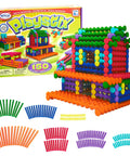 Playstix Construction Toy Set With Building Sticks For STEM Classrooms And Home Play Kid Friendly For Kids Ages 4 And Up 150 Piece Kit Color Coded Sticks For Open Ended Building And Creative Learning with colorful house model and packaging