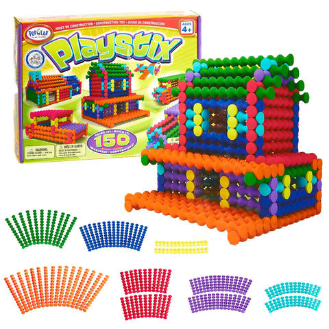 Playstix Construction Toy Set With Building Sticks For STEM Classrooms And Home Play Kid Friendly For Kids Ages 4 And Up 150 Piece Kit Color Coded Sticks For Open Ended Building And Creative Learning with colorful house model and packaging