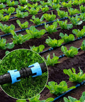 60 Piece Drip Irrigation Fittings Kit With 30 Connectors And 30 End Caps For 5/8 Inch Tubing Blue in garden soil with plants