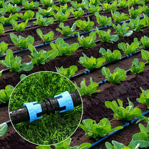 60 Piece Drip Irrigation Fittings Kit With 30 Connectors And 30 End Caps For 5/8 Inch Tubing Blue in garden soil with plants