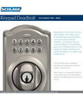 Front view of Schlage Camelot Electronic Keypad Deadbolt Lock With Keyless Front Door Entry in Satin Nickel Finish, BE365 CAM 622.