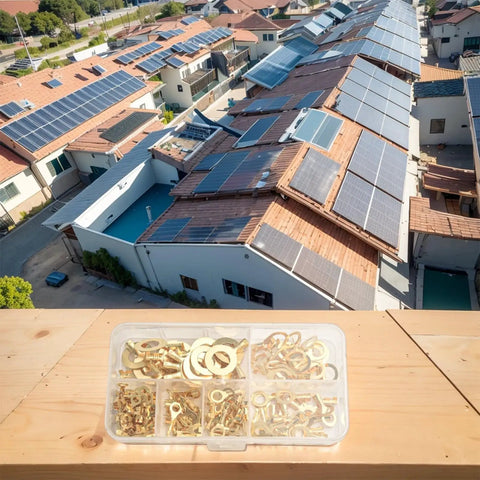 Top Tier Brass Cable Lugs Kit With 150 PCS Ring Terminals For All Your Wiring Projects From M3 To M10 Non Insulated Crimp Connectors That Are Super Durable And Conduct Electricity Like A Charm Right Now! brass ring terminals in storage case, with solar roofs in background