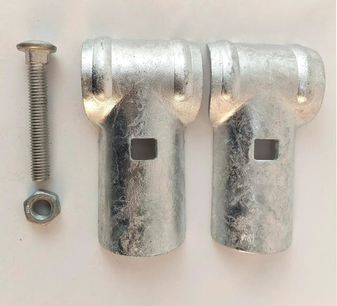 End Rail T Clamps For Chain Link Fence, Galvanized Steel Top Rail Hardware, compatible with bolts, view of T clamps.