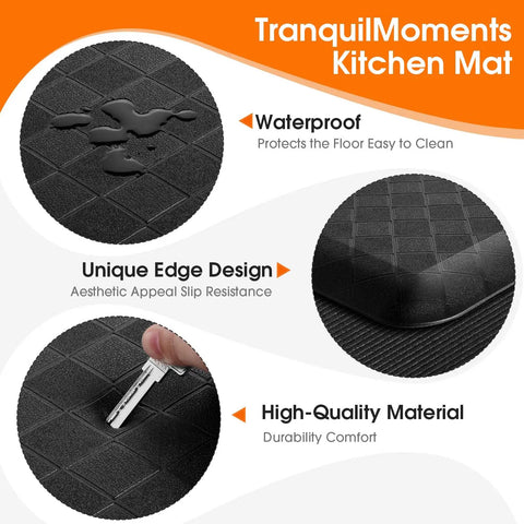 Extra Thick Four Fifths Inch Non Slip Anti Fatigue Kitchen Floor Mat Waterproof Stain Resistant Cushioned Comfort Mat For Standing And Office Use 17 By 24 Inches Black, features waterproof surface, unique edge design.