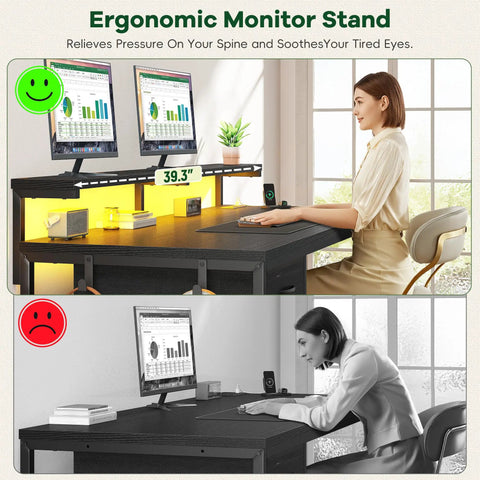39.3 Inch Gaming Desk With Power Outlet And LED Lights, Adjustable Monitor Stand For Dual Monitors in home office setup