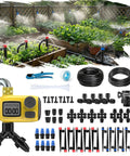 165Ft Drip Irrigation Kit With Timer, including tubing, sprayers, connectors, and a timer in a garden setup with raised beds