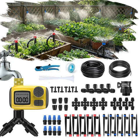165Ft Drip Irrigation Kit With Timer, including tubing, sprayers, connectors, and a timer in a garden setup with raised beds