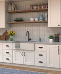 Modern kitchen with white cabinets featuring 25 Pack Dope Rustic Iron Cabinet Hardware Set With Hand-Hammered Finish 1-1/2 Inch Knobs And Drawer Handles.