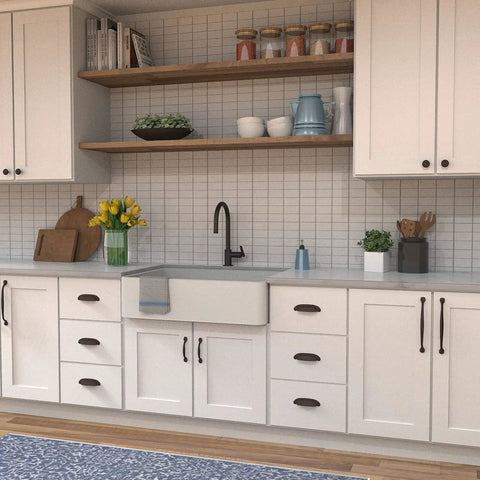 Modern kitchen with white cabinets featuring 25 Pack Dope Rustic Iron Cabinet Hardware Set With Hand-Hammered Finish 1-1/2 Inch Knobs And Drawer Handles.