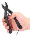 Hand holding black ergonomic 2 In 1 Bike Master Link Pliers For Quick Link Removal Opener And Closer Heavy Duty Chain Repair Tool.