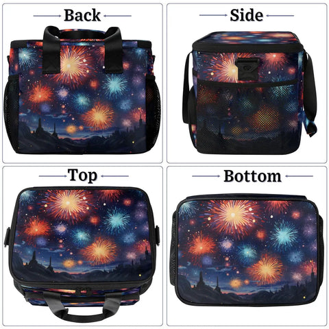 Insulated Picnic Backpack Cooler Tote Large 12x9x10 Inch Main Compartment Fireworks Design