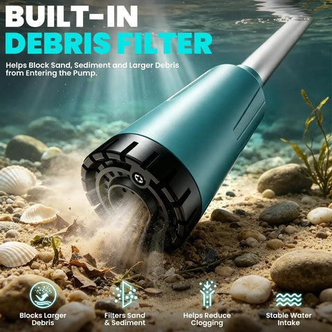 Ripper Cordless Stick Water Transfer Pump Features Brushless Motor For Slick 720 Gallons Per Hour Flow And Thirty Five Foot Lift To Drain Any Tank Fast Compatible With 18V Batteries Tool Only close-up of built-in debris filter in water with sediment and leaves