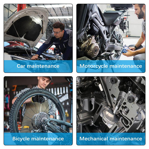 Collage showing car, motorcycle, bicycle, and mechanical maintenance activities.
