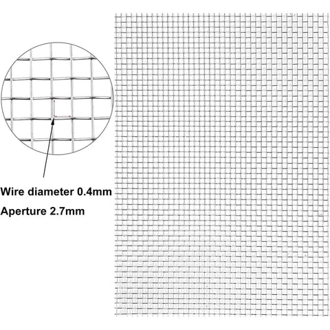 Hella Sturdy 8 Mesh Stainless Steel Wire Screen For Drain Guards And Ventilation Covers displayed with detailed mesh pattern showing wire diameter 0.4mm and aperture 2.7mm.