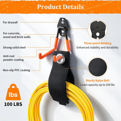 Heavy Duty Steel Garage Hooks 30 Pack With Anti Slip Coating for Bikes Ladders Hoses, wall mount detail and nylon belt