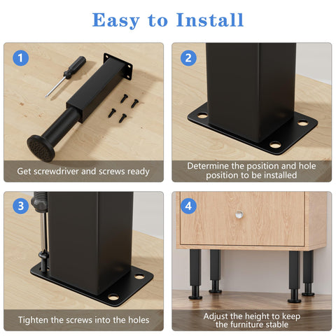 Instructional steps for Heavy Duty Adjustable Bed Support Legs Set Of Four With Swivel Rubber Feet Non Slip Base installation.