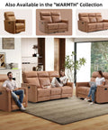 People sitting on Manual Loveseat Recliner Sofa With Wall Hugger Design Two Seat Reclining Love Seat in Leathaire Brown in living room.