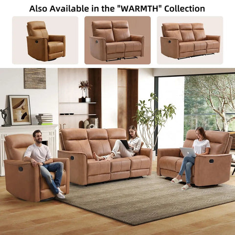 People sitting on Manual Loveseat Recliner Sofa With Wall Hugger Design Two Seat Reclining Love Seat in Leathaire Brown in living room.