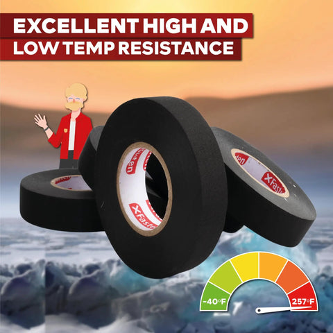 Black Heavy-Duty Cloth Electrical Tape For Automotive Wiring Harness, 3/4-Inch By 90 Feet, 5 Pack, Temperature Gauge -40F to 257F