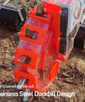 Close-up of Double Row Garden Seeder Spreader with stainless steel duckbill design for sowing in rows