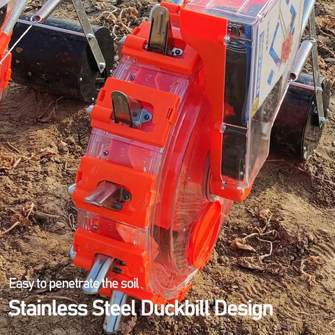 Close-up of Double Row Garden Seeder Spreader with stainless steel duckbill design for sowing in rows