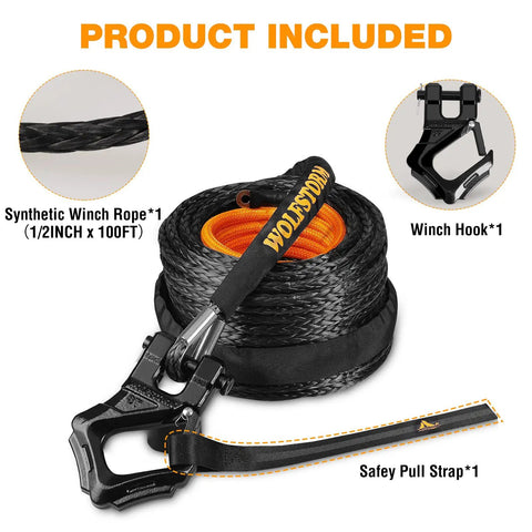 One Half Inch 100 Foot Synthetic Winch Rope Kit With Protective Sleeve, Heavy Duty Forged Hook, Safety Ribbon, And 33,000 Lbs Break Strength