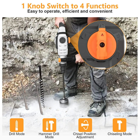12.5 Amp Rotary Hammer Drill With SDS Plus One And A Quarter Inch, 4 In 1 Multi Function Beefy Yet Pro Grade in use on concrete