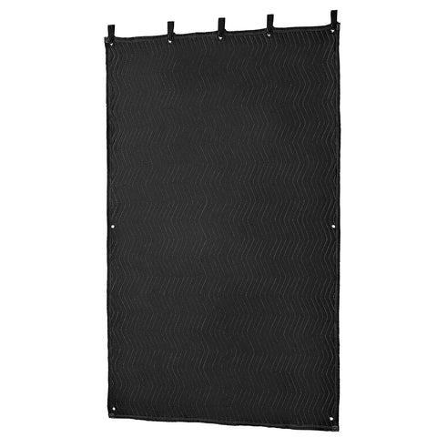 Black sound dampening blanket with grommets, 80 by 48 inches, polyester surface, for windows and doors.