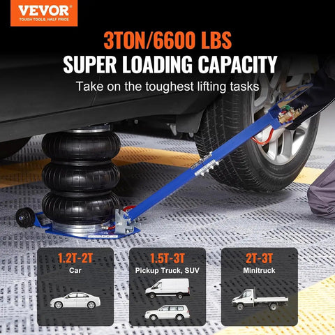 Heavy Duty Three Ton Air Jack With Triple Bag Design And Six Steel Pipes Delivers Rock Solid Stability For Lightning Fast 6600 Pound Car Lifts Under Five Seconds With Comfort Swing Handles