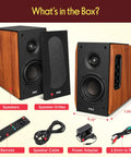 Powered Bookshelf Speakers With Bluetooth, 80W RMS, Bass Reflex Natural Wood Cabinet and accessories displayed.