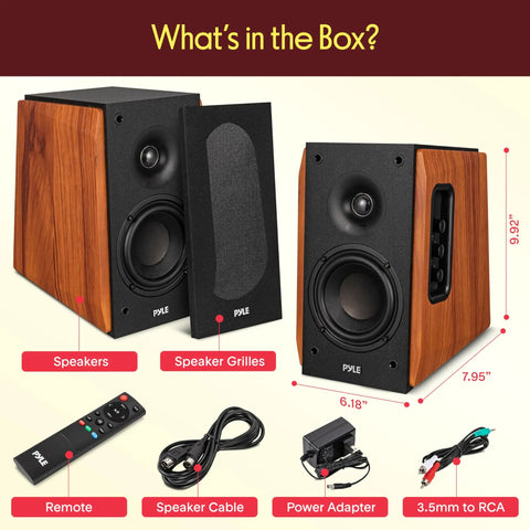 Powered Bookshelf Speakers With Bluetooth, 80W RMS, Bass Reflex Natural Wood Cabinet and accessories displayed.