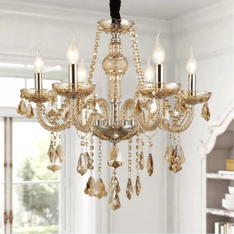 6 Light Crystal Chandelier With Metal Frame And Six Arms Vintage Candle Style Pendant Ceiling Light Cognac Finish
