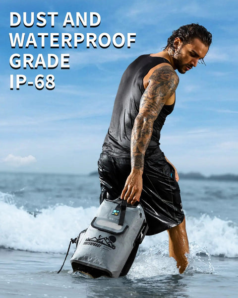 Man holding Floating Waterproof Dry Bag Backpack 20L 30L 40L For Kayaking And Epic Outdoor Adventures Heavy Duty 500D Vinyl Coated.
