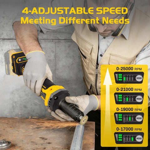 Heavy Duty Brushless Die Grinder Cordless Power Tool With One Quarter Inch Chuck For Pro Shops Gonna Smash Every Cut Polish And Grind Job Like A Total Boss showing adjustable speed settings and ergonomic grip.