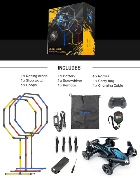 Racing RC Drone With Obstacle Course Kit Featuring Three Adjustable Hoop Sizes For Quick Race Action package contents displayed