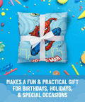 Spiderman Slumber Bag and Pillow Set with blue Marvel theme wrapped with ribbon, ideal gift for sleepovers and special occasions.